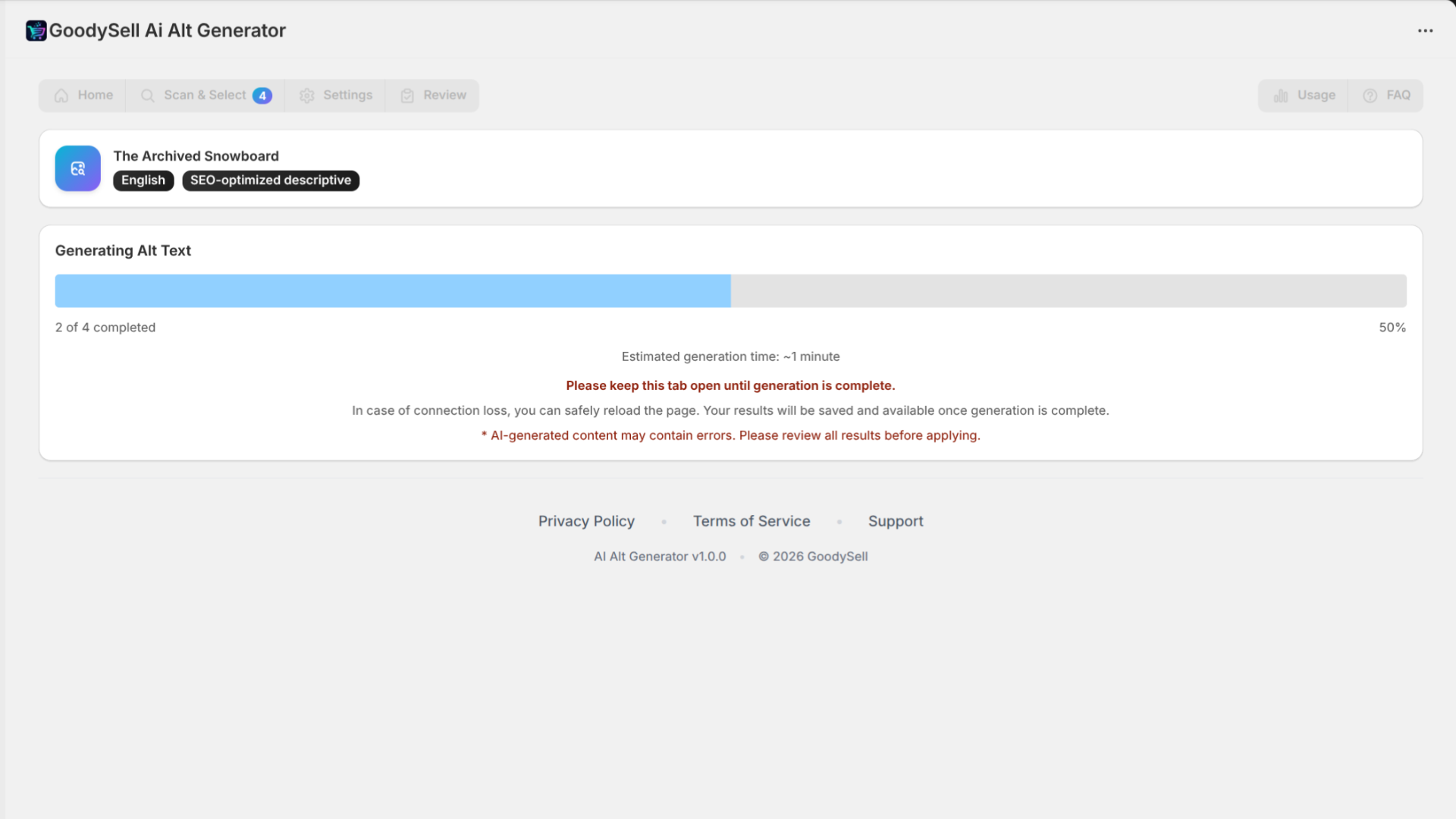 GoodySell Ai Alt Generator, Settings screen, Generating Alt Text - Shopify Application