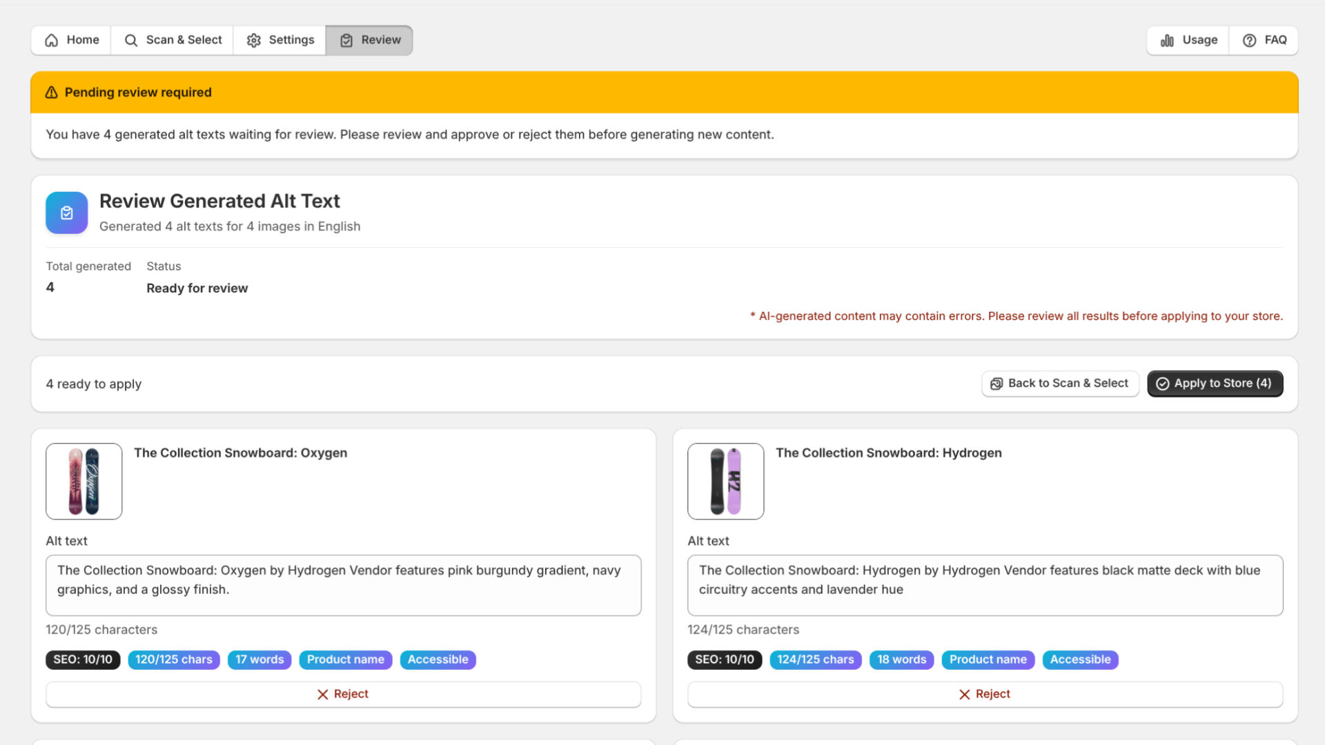 GoodySell Ai Alt Generator, Review screen - Shopify Application