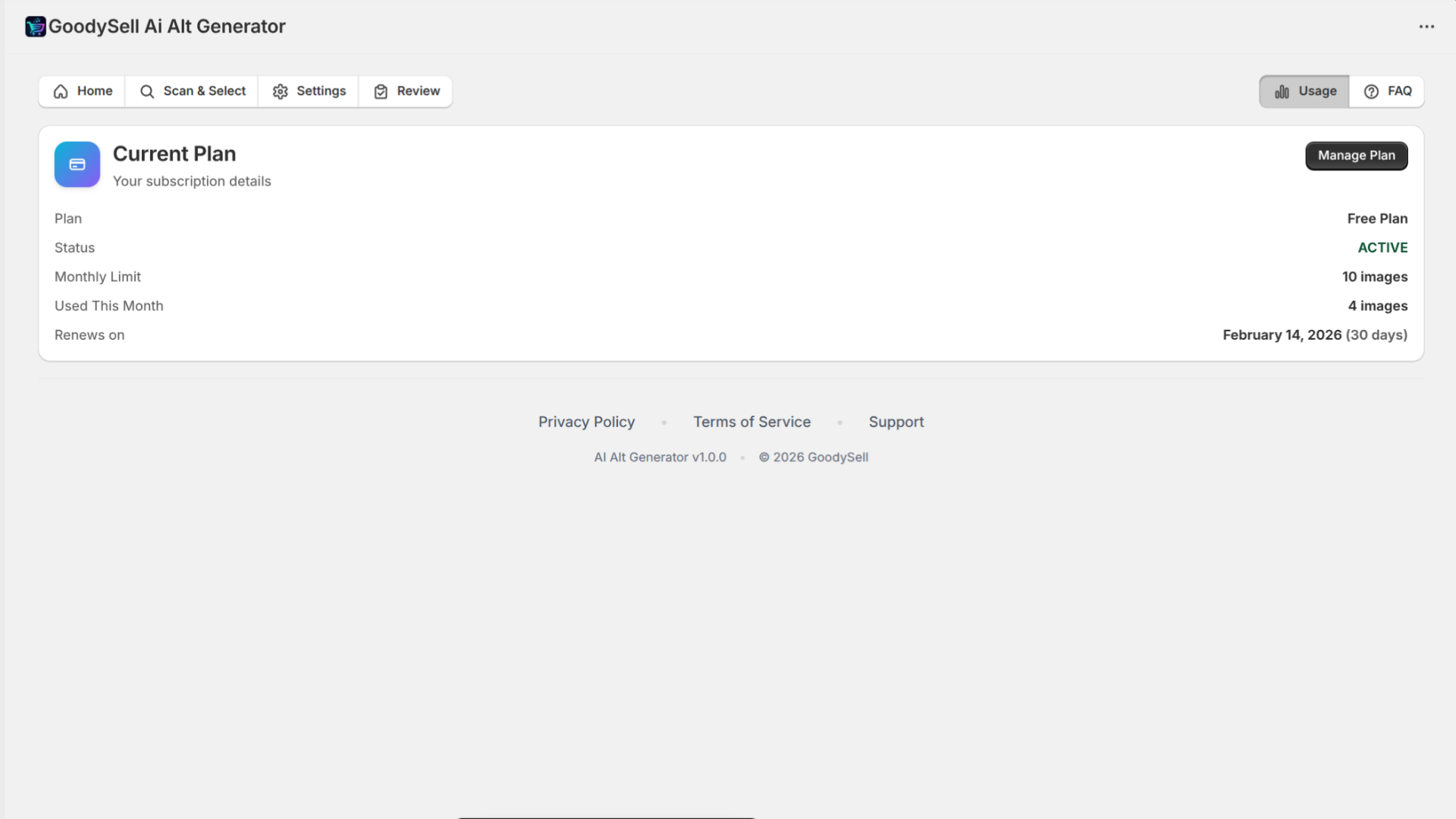 GoodySell Ai Alt Generator, Usage screen - Shopify Application