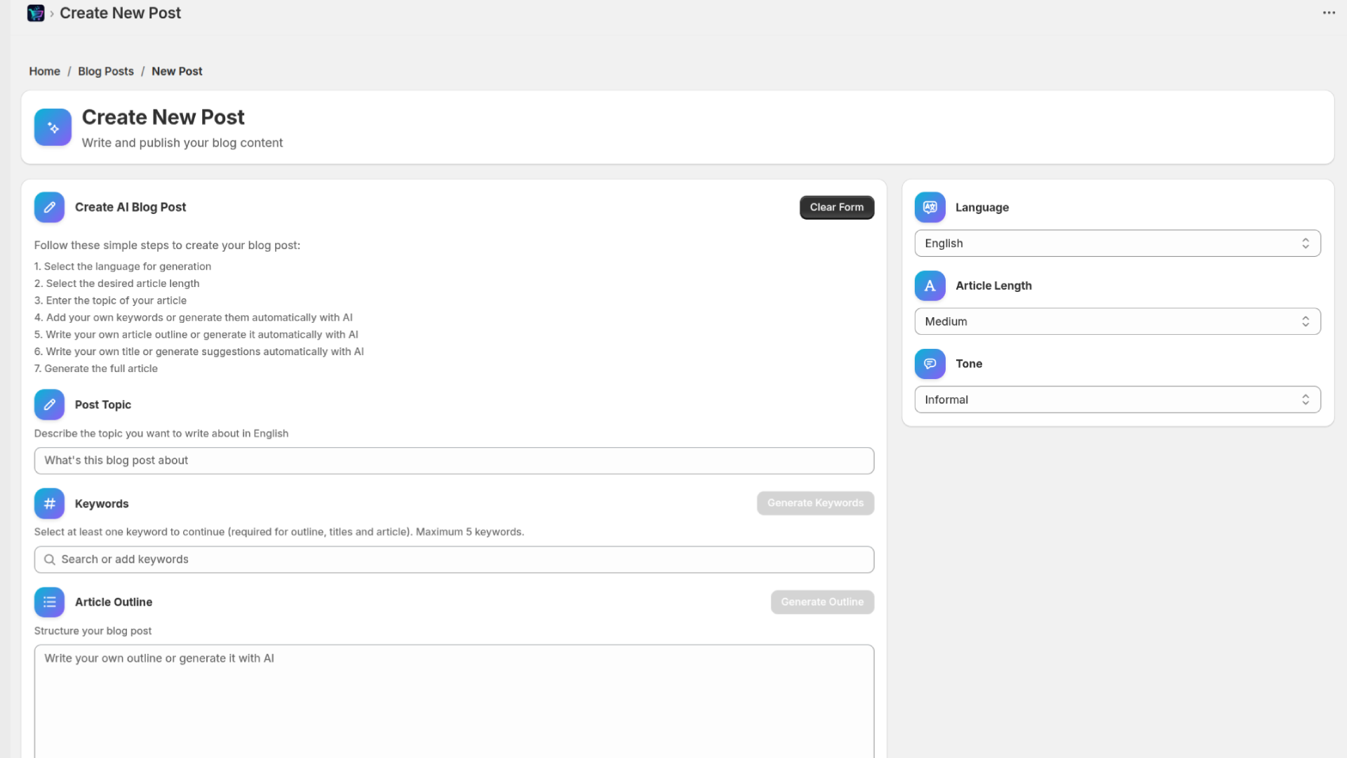 GoodySeel AI SEO Blog, Creation Post screen - Shopify Application