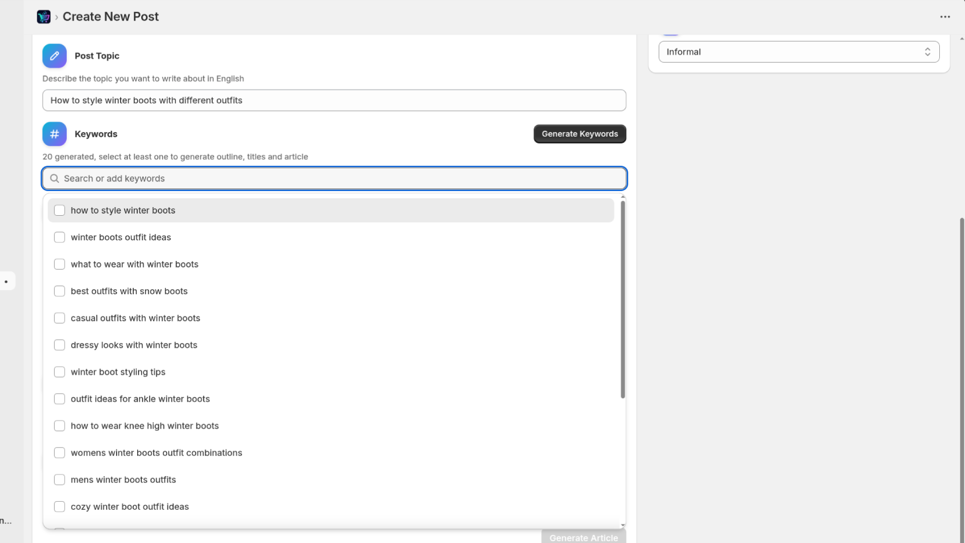 GoodySeel AI SEO Blog, Creation Post screen - Shopify Application