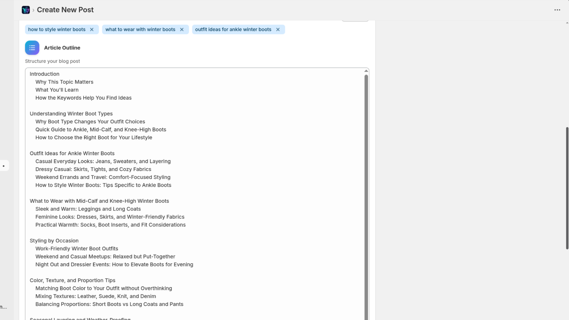GoodySeel AI SEO Blog, Creation Post screen - Shopify Application