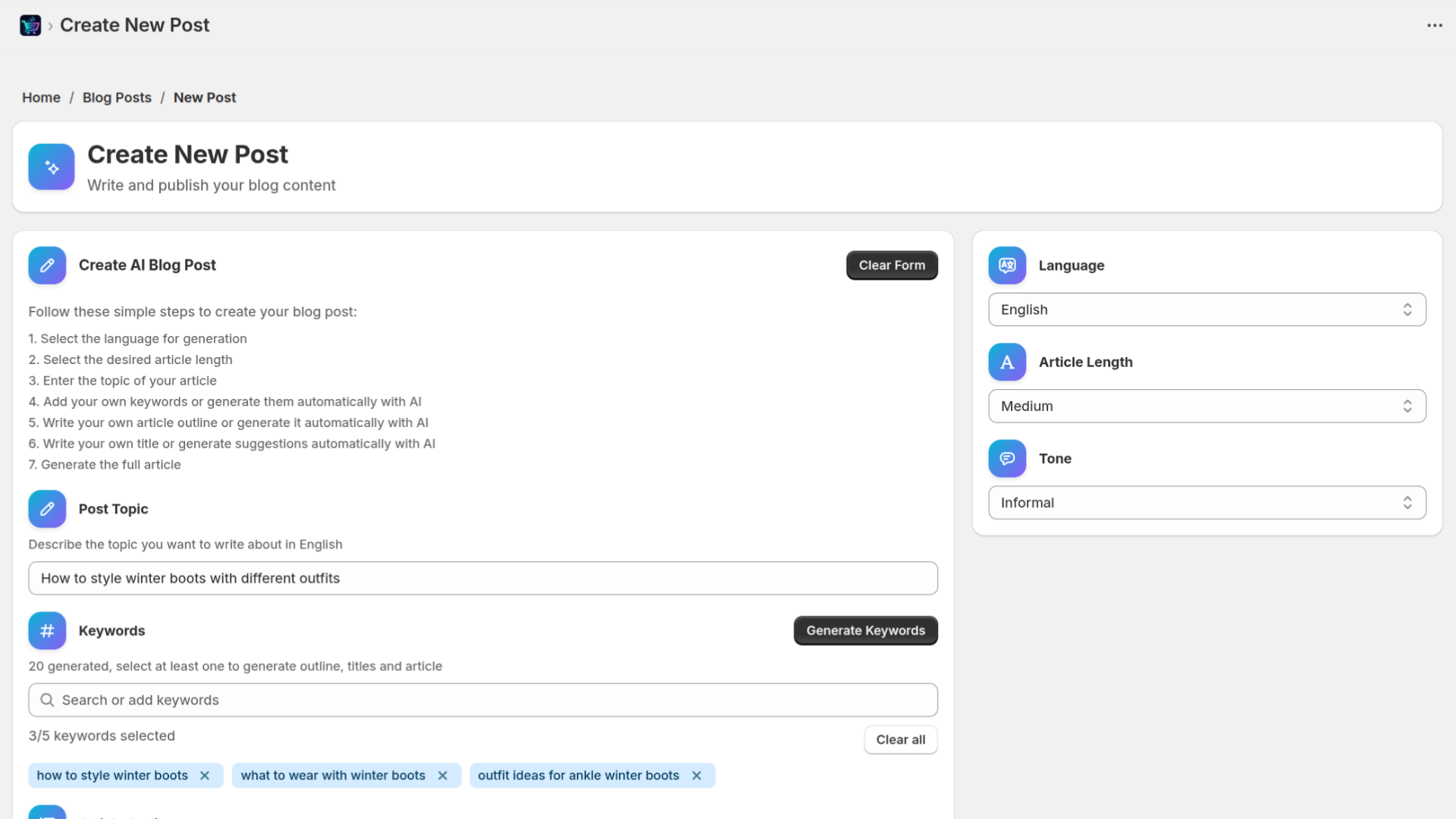GoodySeel AI SEO Blog, Creation Post screen - Shopify Application