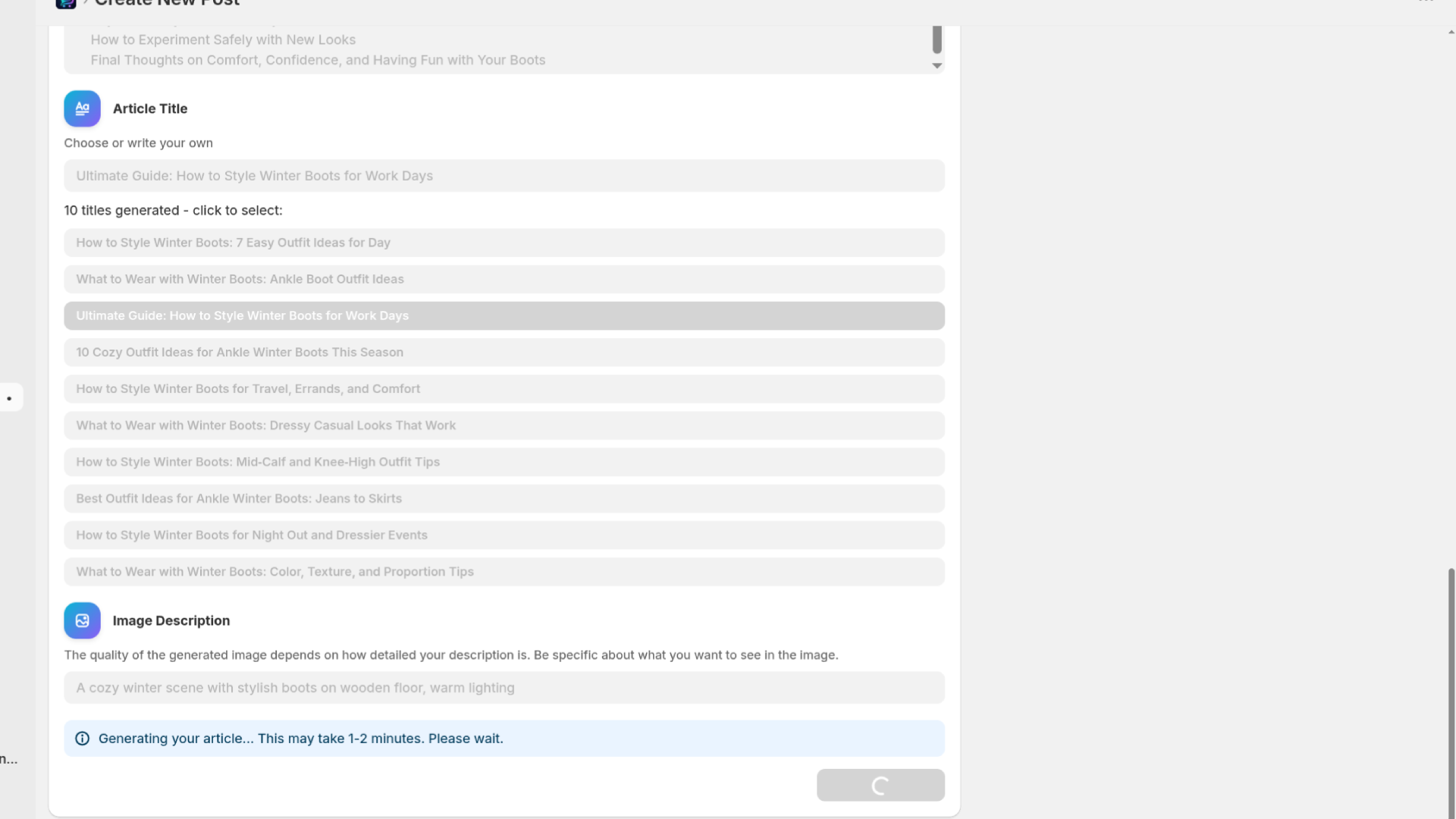 GoodySeel AI SEO Blog, Creation Post screen - Shopify Application