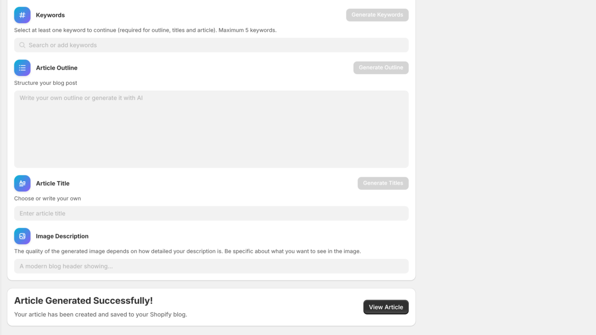 GoodySeel AI SEO Blog, Creation Post screen - Shopify Application