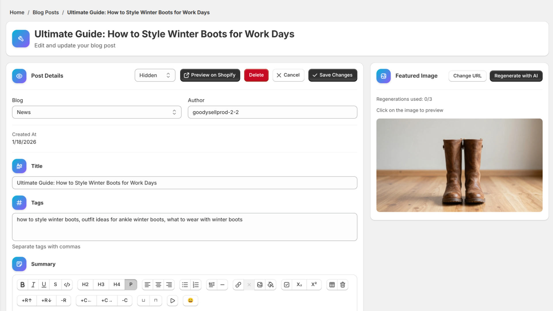 GoodySeel AI SEO Blog, Edition Post Page screen - Shopify Application