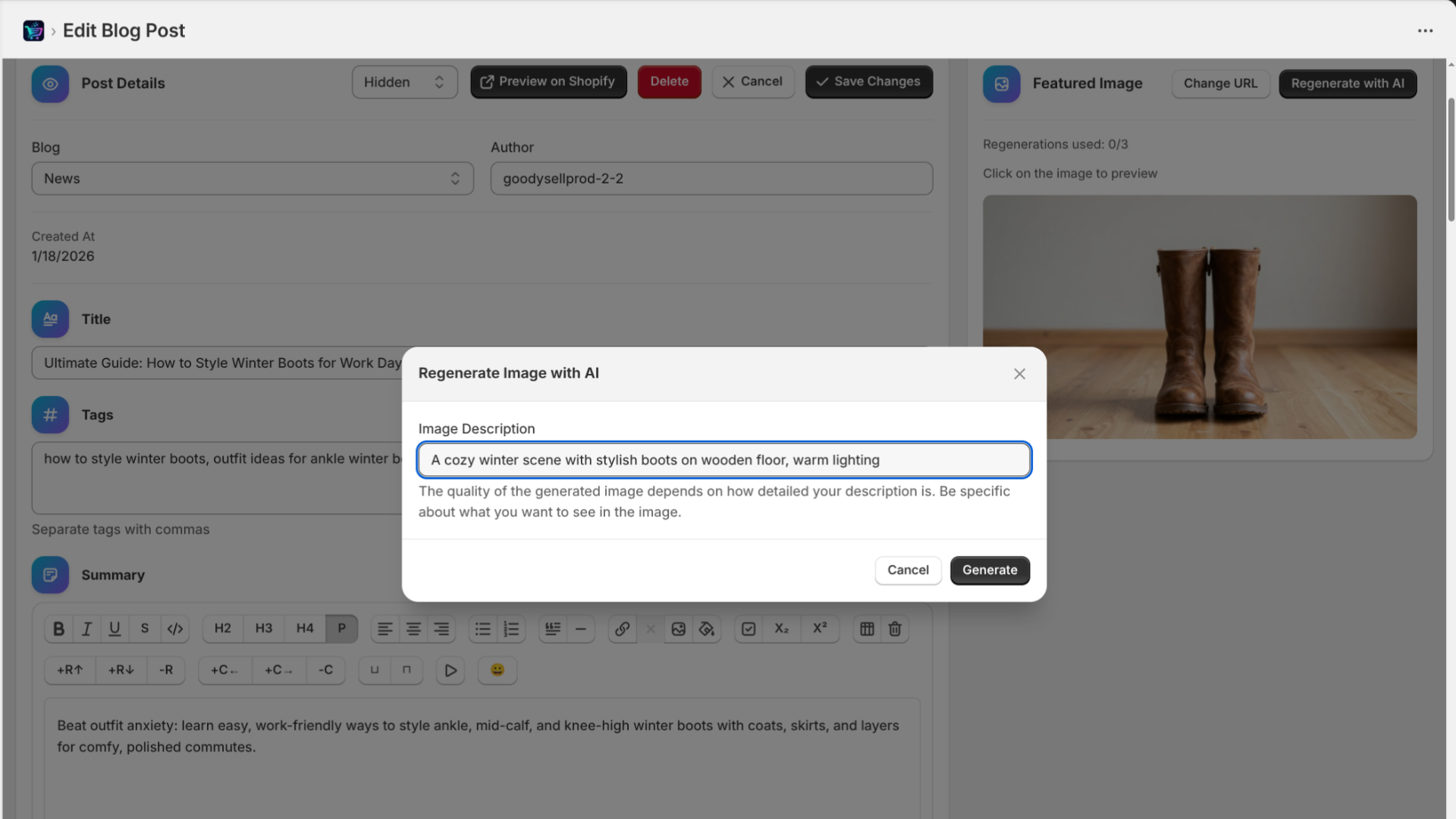GoodySeel AI SEO Blog, Edition Post Page screen - Shopify Application