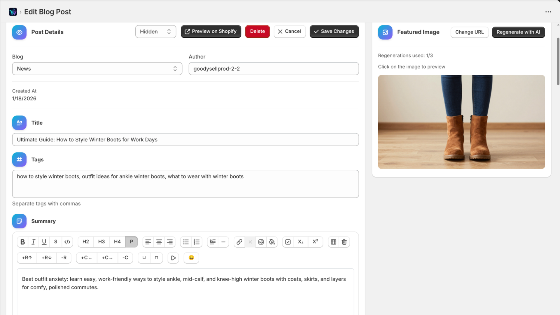 GoodySeel AI SEO Blog, Edition Post Page screen - Shopify Application