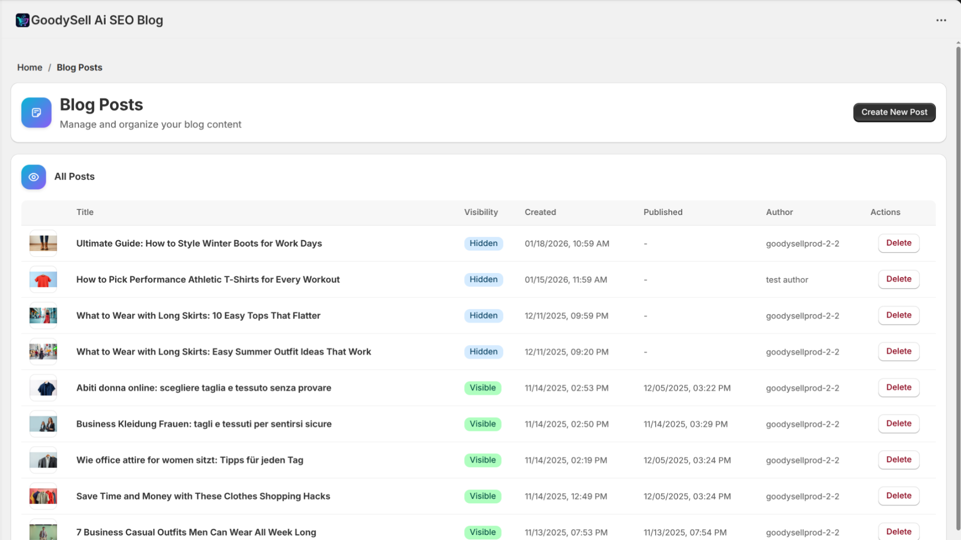 GoodySeel AI SEO Blog, Blog Posts Page screen - Shopify Application