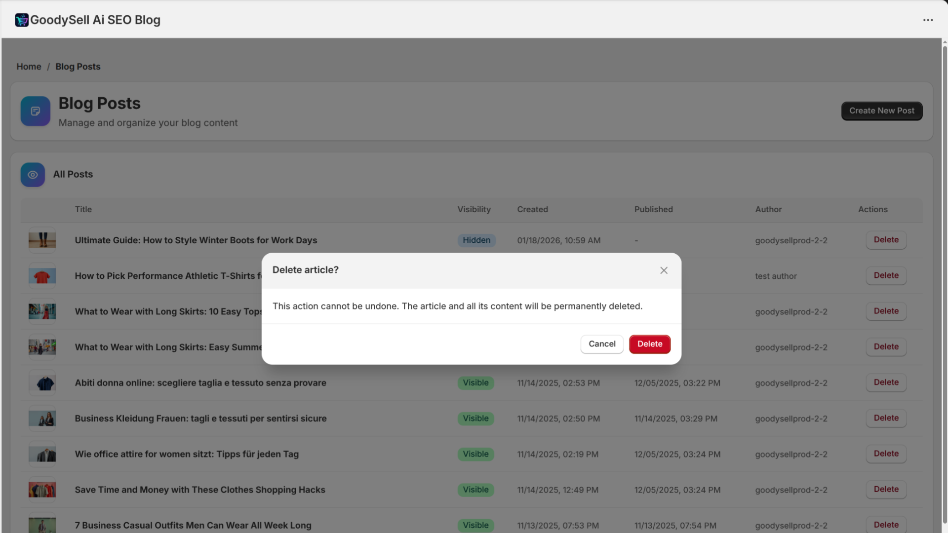 GoodySeel AI SEO Blog, Blog Posts Page screen - Shopify Application