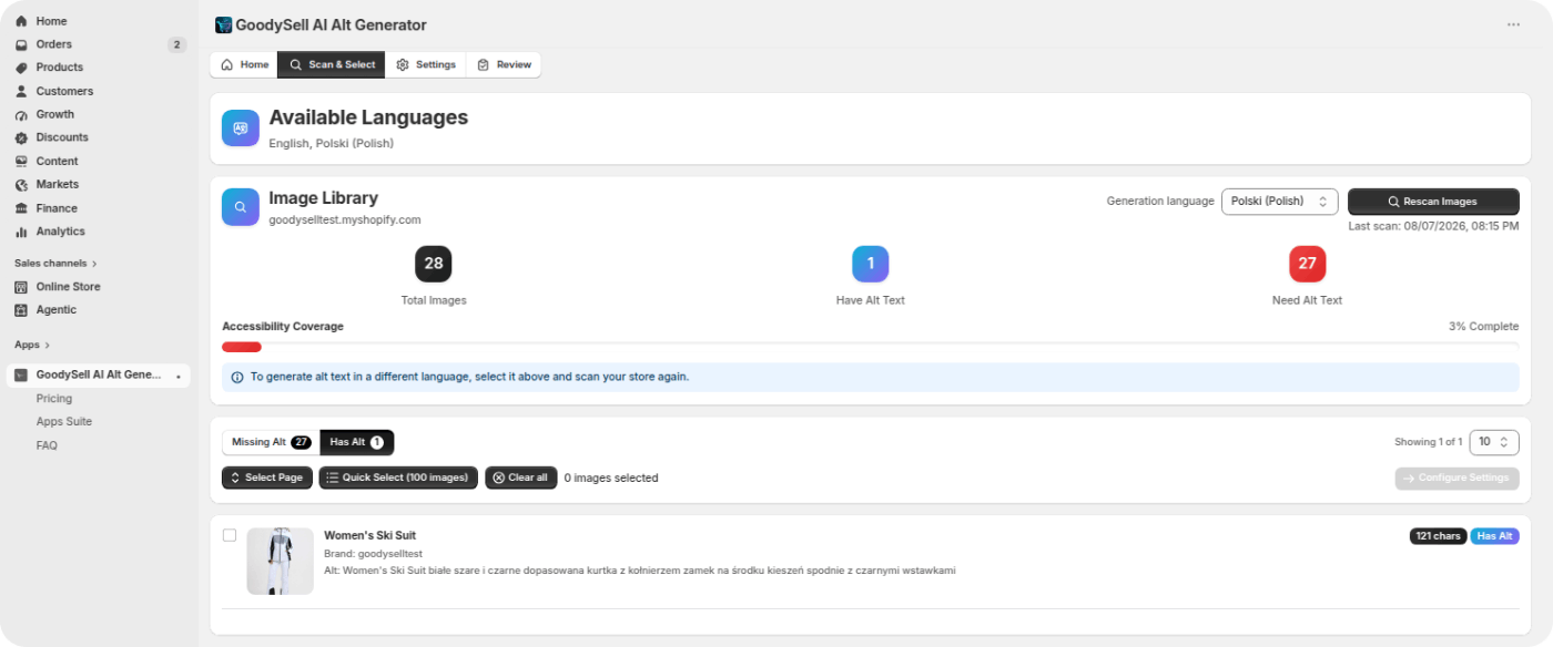 Select Images in Shopify Store  - GoodySell AI Alt Generator 
