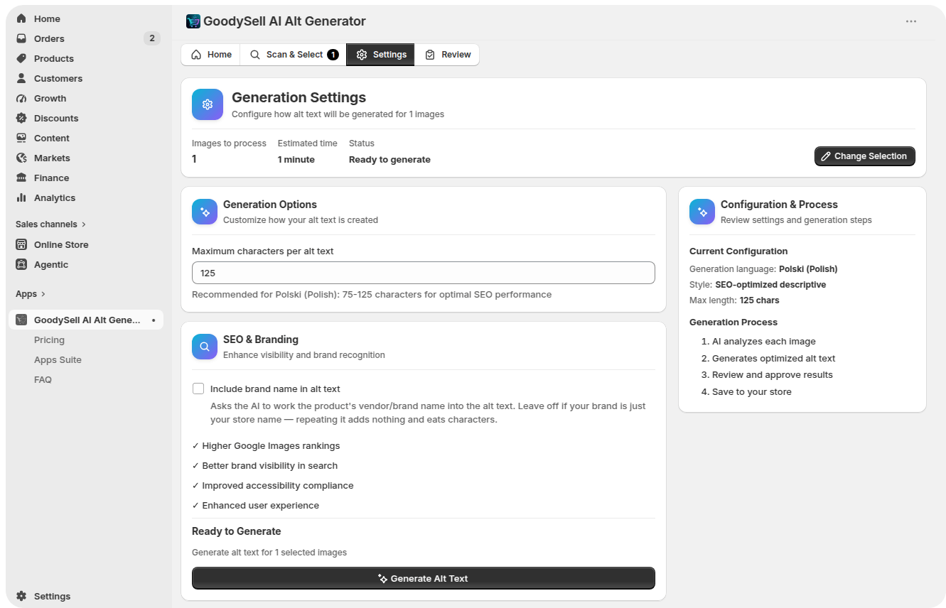 Configure Length and Brand Name - GoodySell AI Alt Generator 