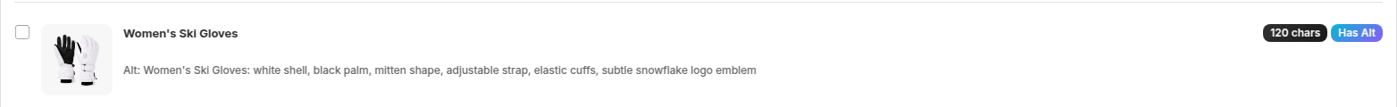 Women's Ski Gloves: white shell, black palm, mitten shape, adjustable strap, elastic cuffs, subtle snowflake logo emblem