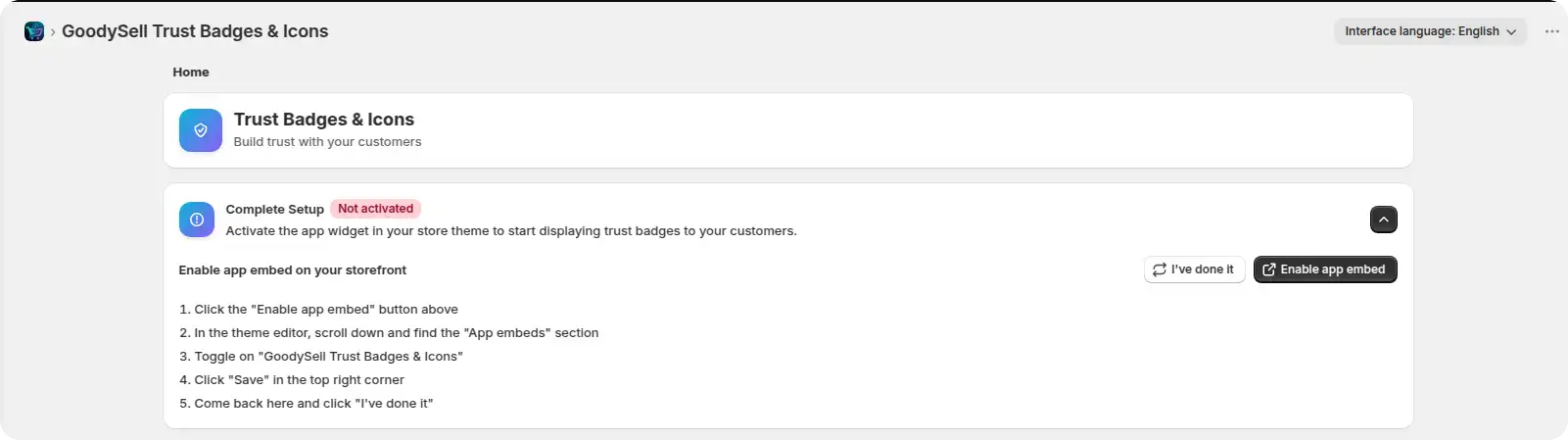 Shopify app embed - Goodysell App