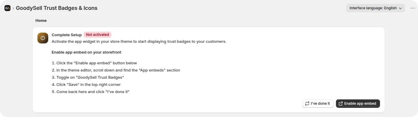 Shopify app embed - Goodysell App