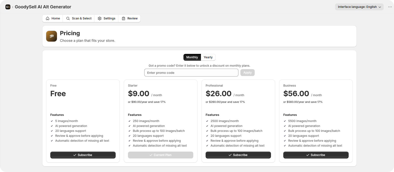 Pricing page of the AI Alt Generator app showing the available plans and their monthly image limits
