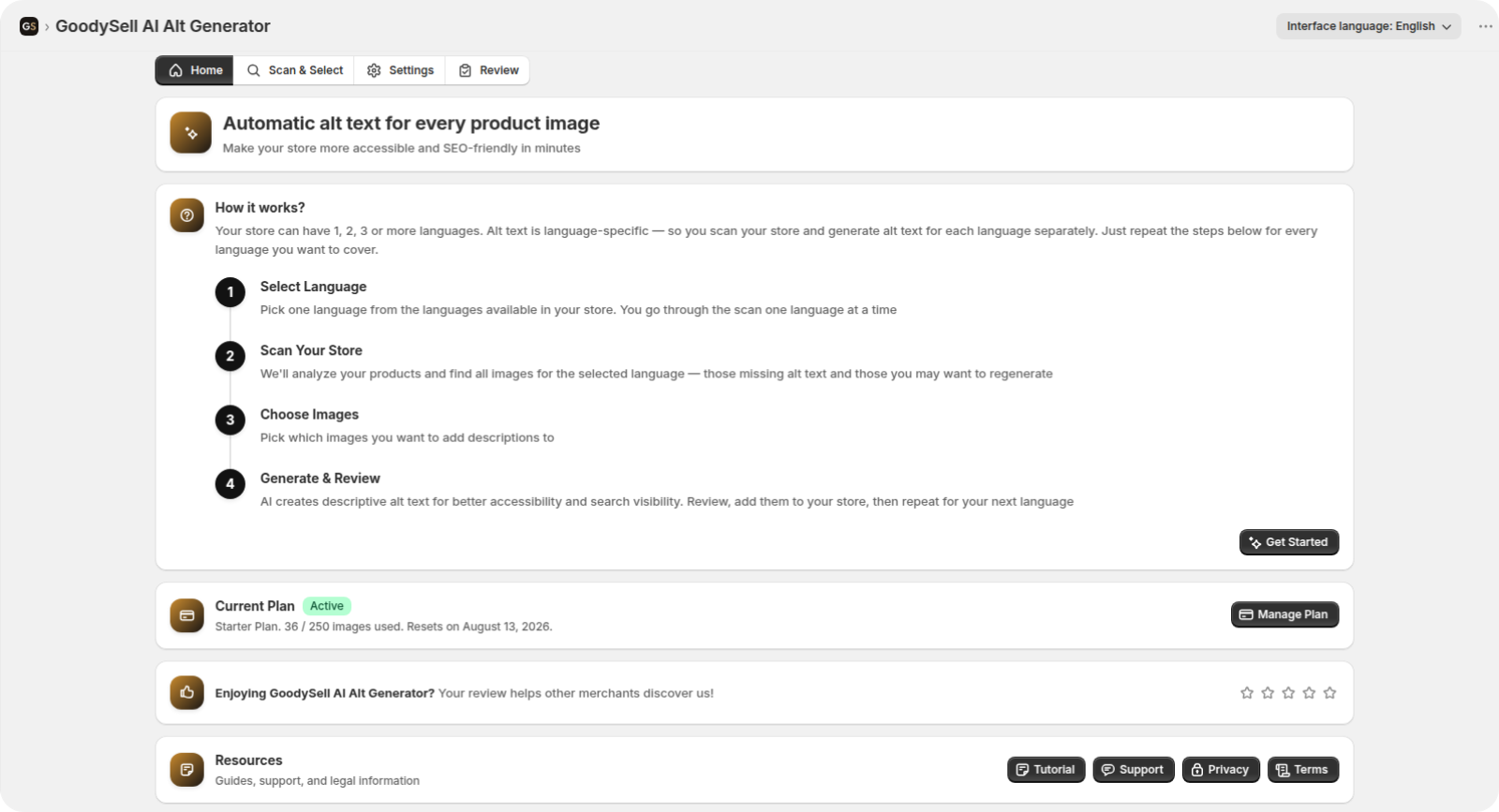 GoodySell AI Alt Generator home tab in Shopify admin showing the four how-it-works steps and plan card