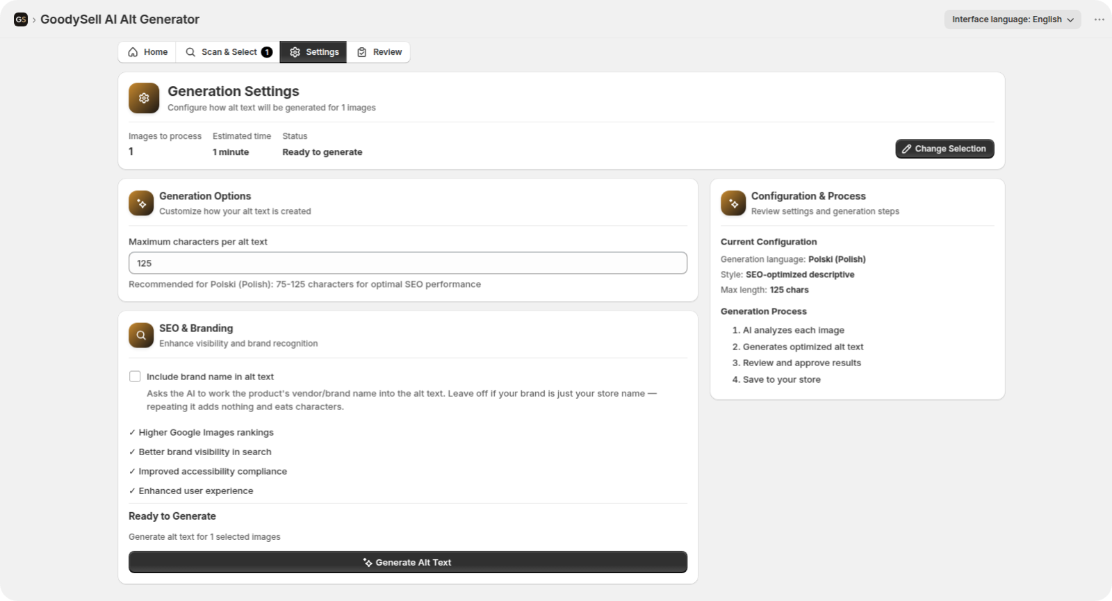 Generation settings screen with maximum character length field, brand name checkbox and generate button