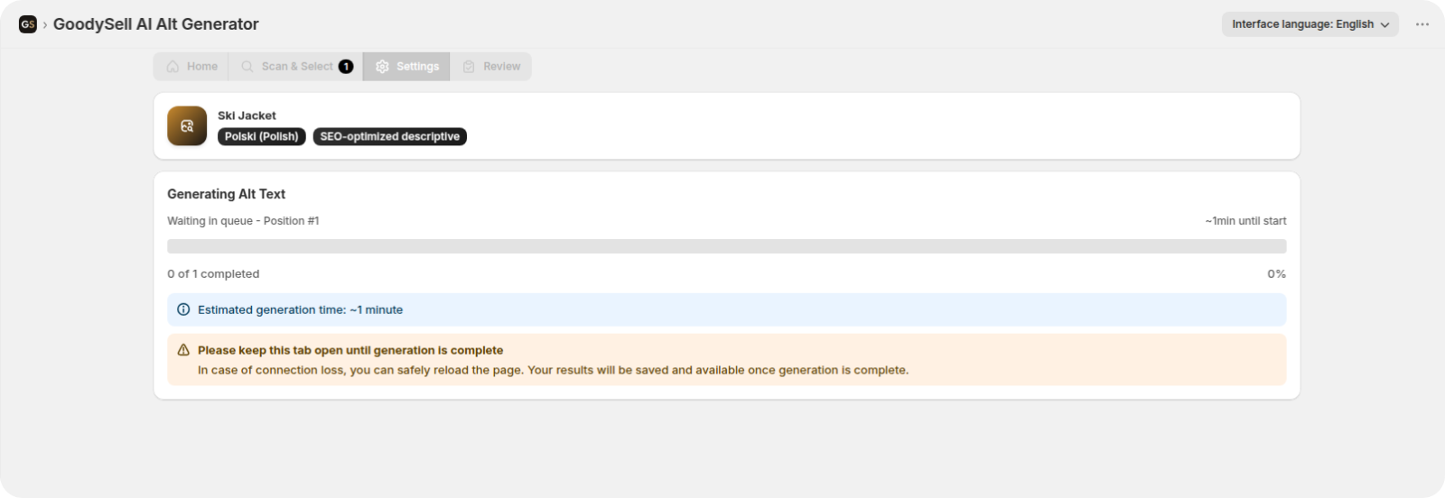 Progress screen showing AI alt text generation running with a progress bar and completed image counter
