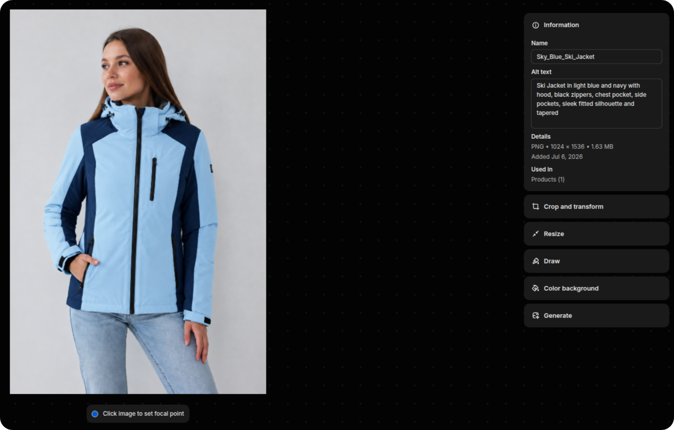 Shopify product image details panel with AI-generated alt text saved in the alt text field