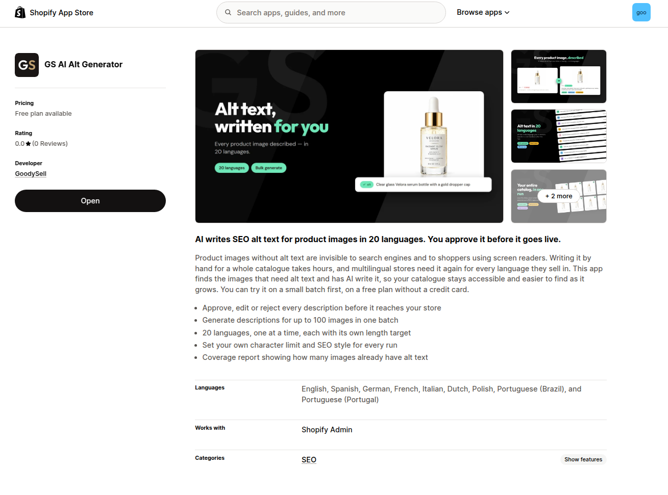 GoodySell AI Alt Generator listing on the Shopify App Store with app icon, rating and Install button