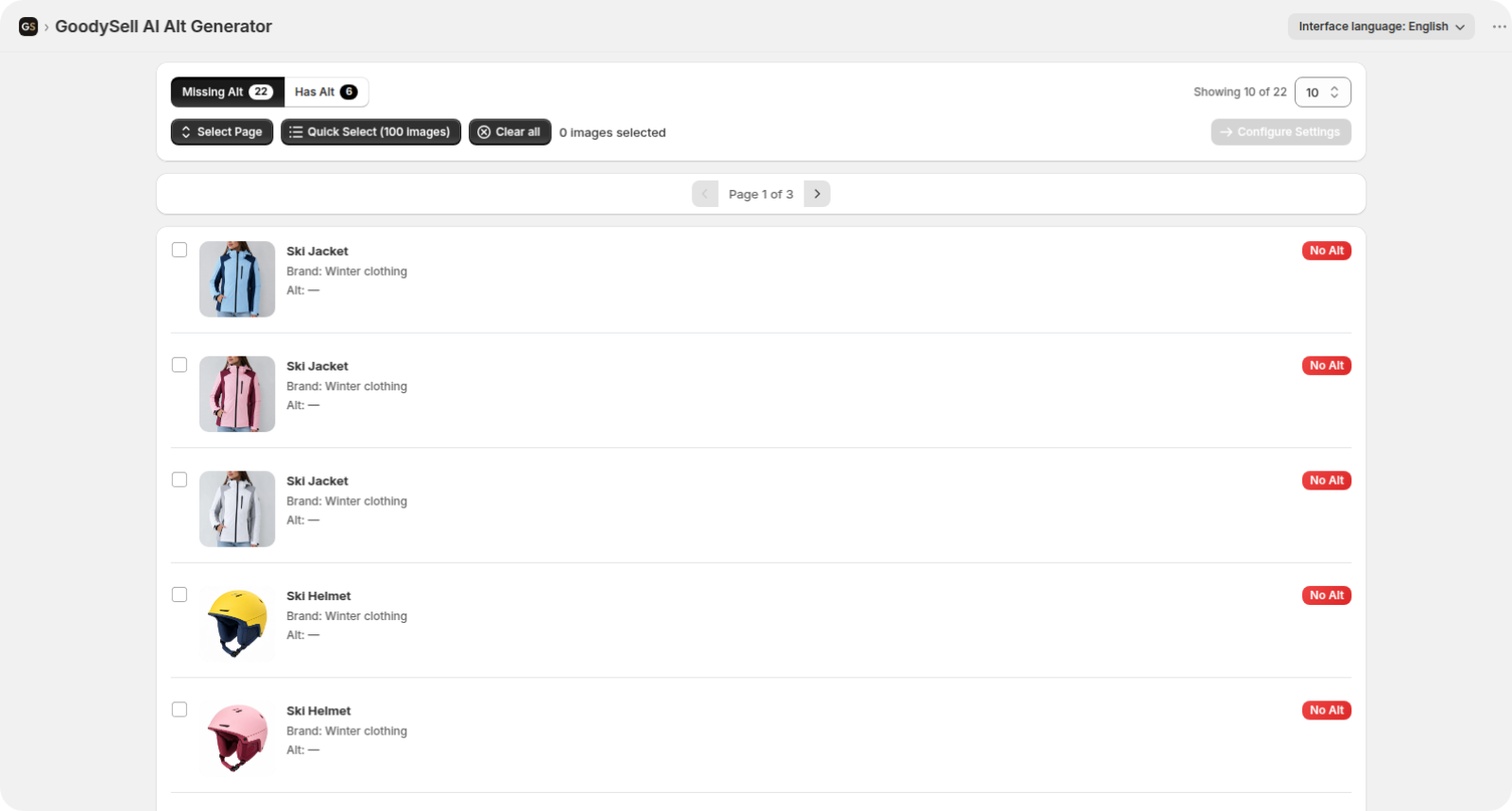 Product image gallery filtered to Missing Alt with several photos selected for alt text generation