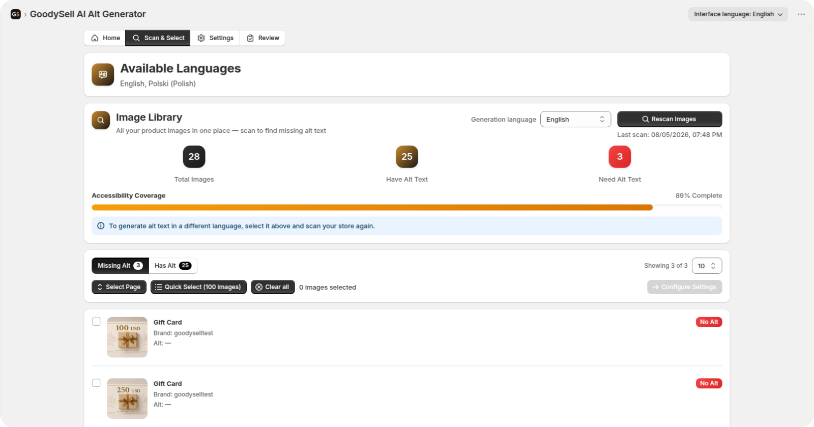 Available Languages card listing the supported store locales with a banner naming one unsupported language