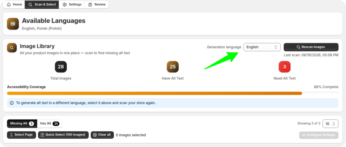Generation language dropdown open in the Image Library card, listing the store's published languages