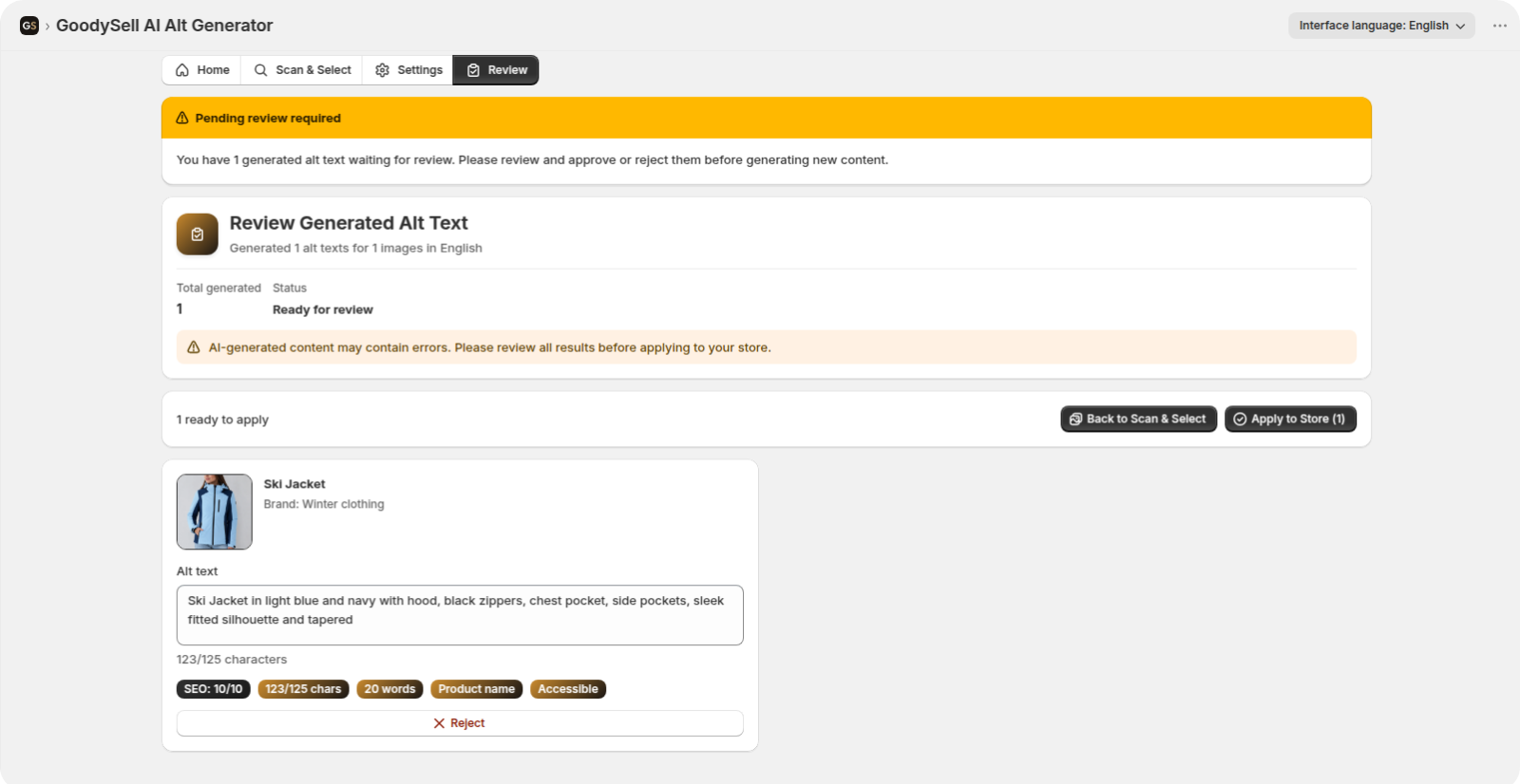Review tab showing German alt text generated for three product photos with character counts