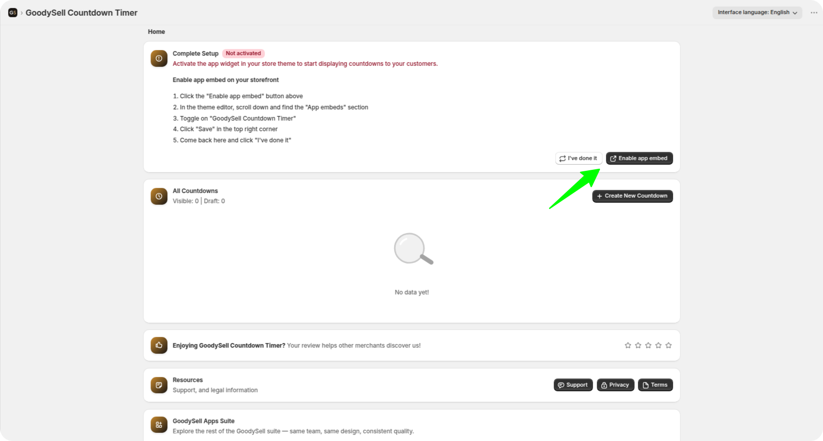 Timer editor status card warning that the app embed is off, with a button to turn it on