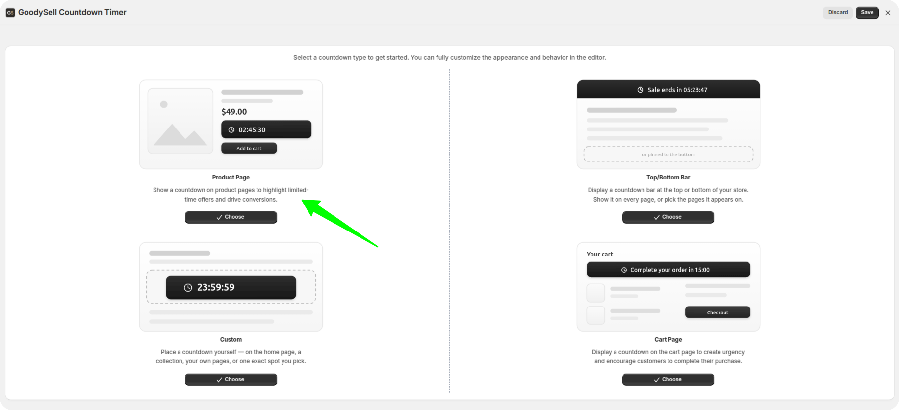 Countdown type picker showing Product Page, Top Bottom Bar, Cart Page and Custom options