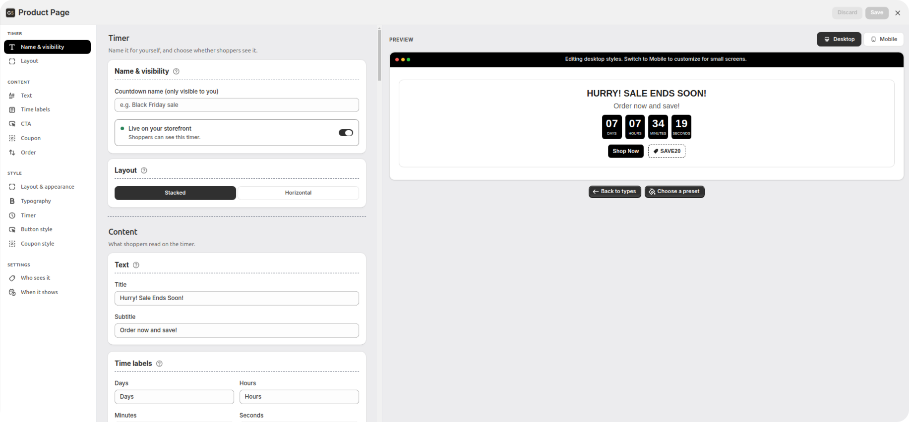 Timer editor with the settings form on the left and a live preview of the timer on the right