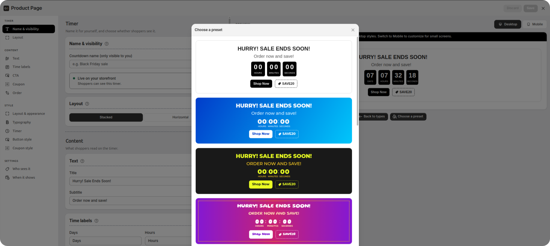 Preset picker showing ready-made countdown timer designs in different colour schemes