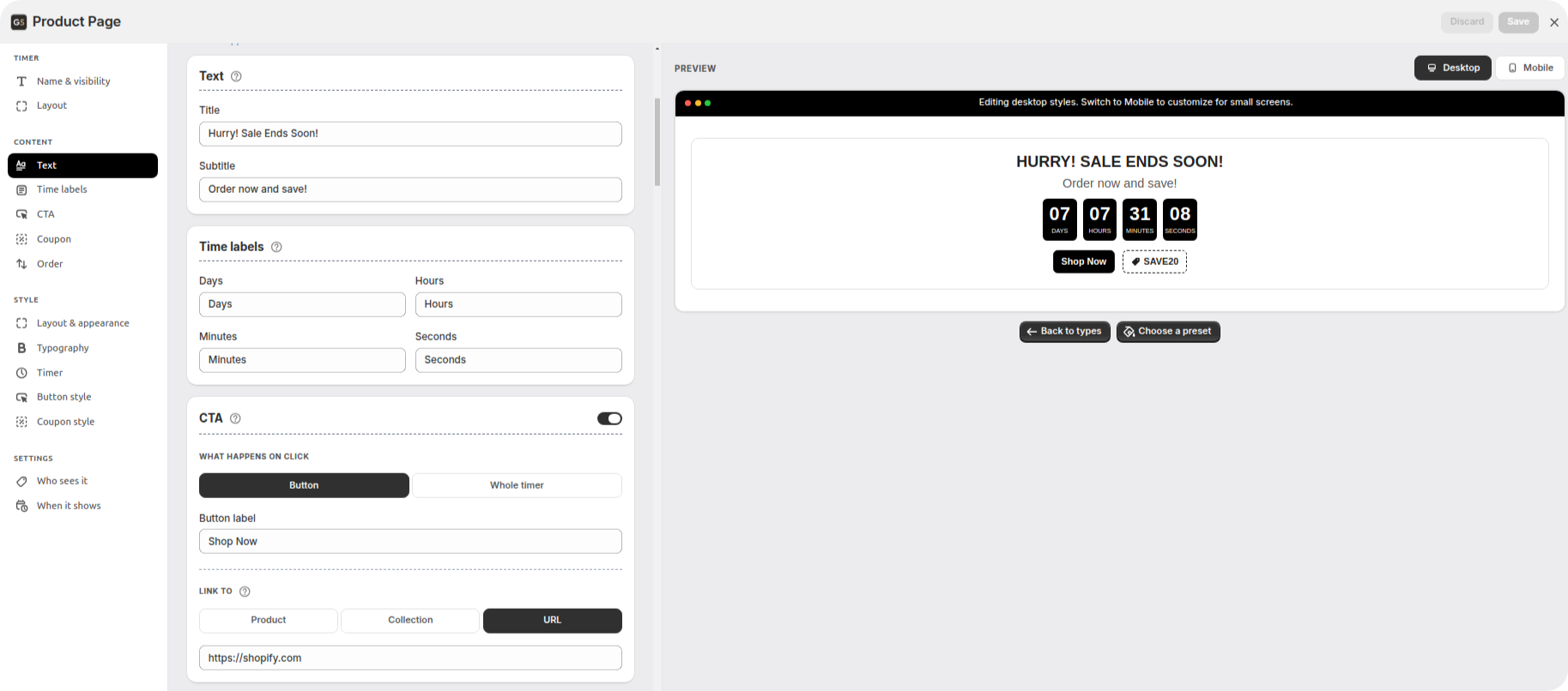 Content tab with title and subtitle fields and editable labels for days, hours, minutes and seconds