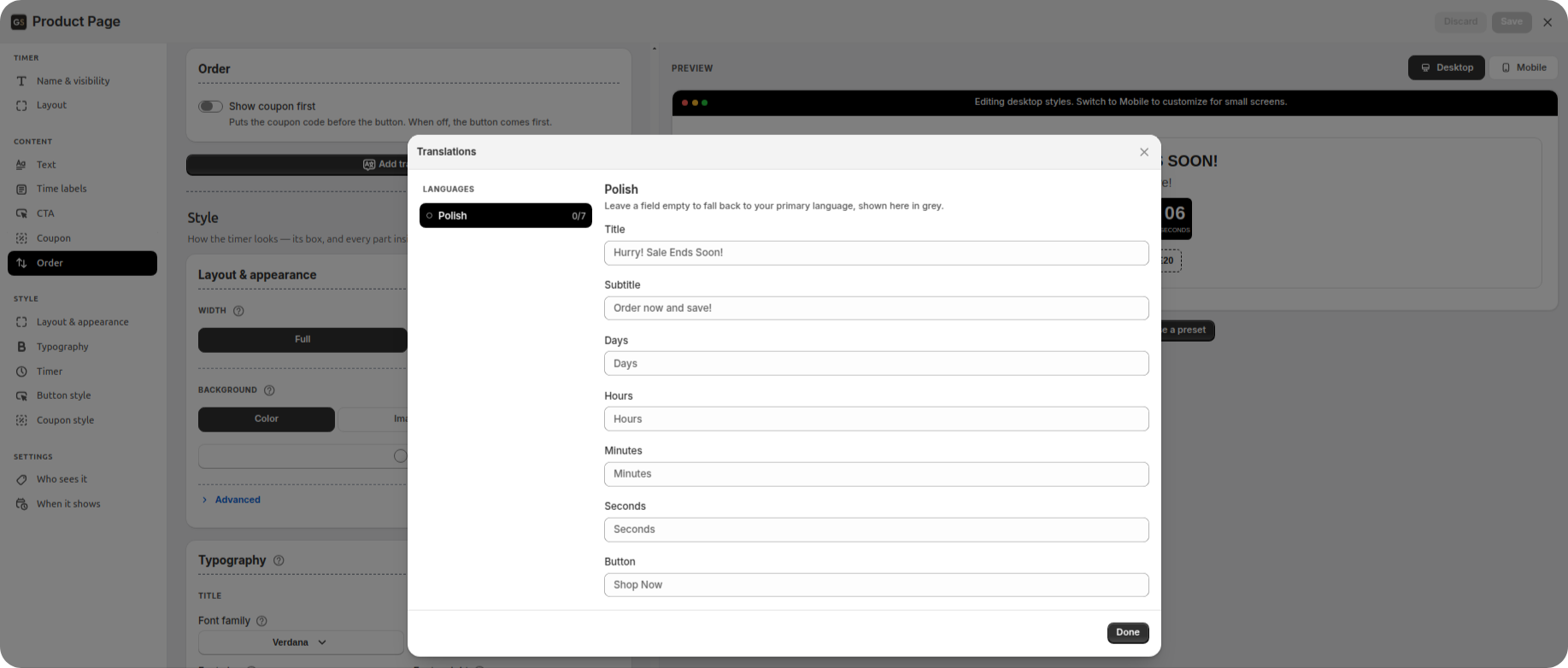 Translations modal showing timer title and labels translated into a second storefront language