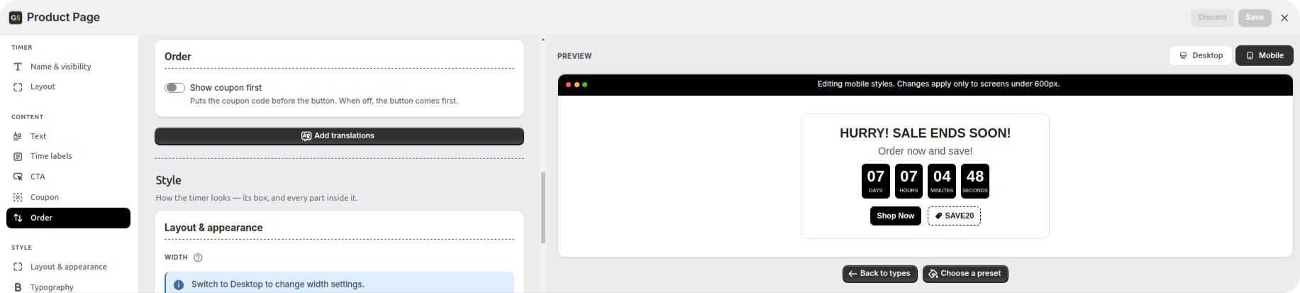 Timer preview in mobile mode at phone width next to the desktop layout for comparison