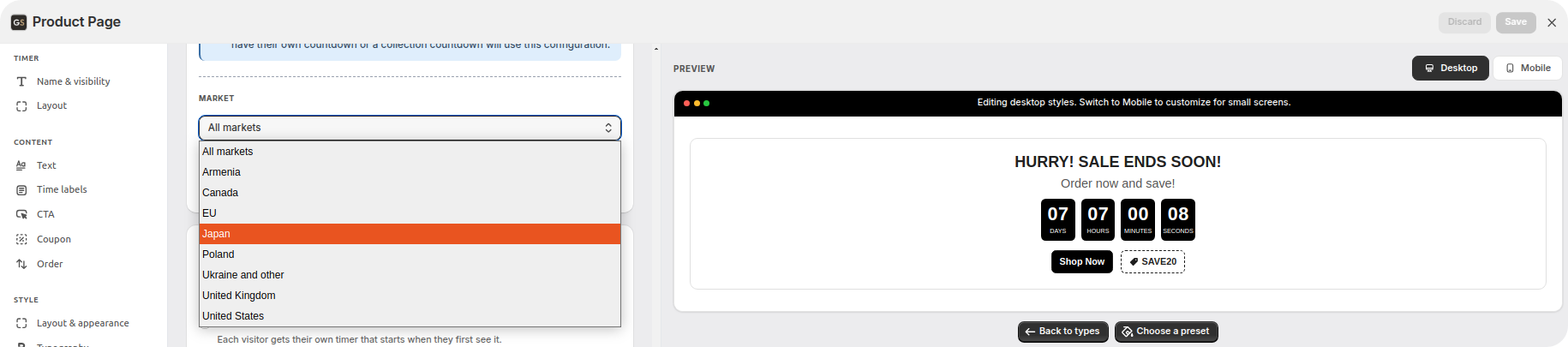 Targeting card offering all products, a collection, one product or product tags, plus a market picker