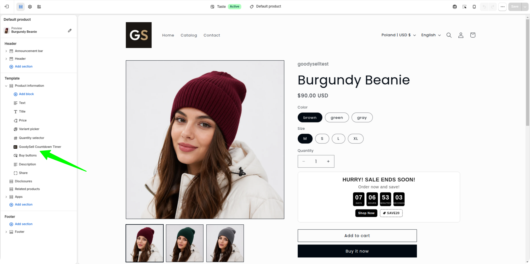 Shopify theme editor adding the countdown timer app block above the add to cart button