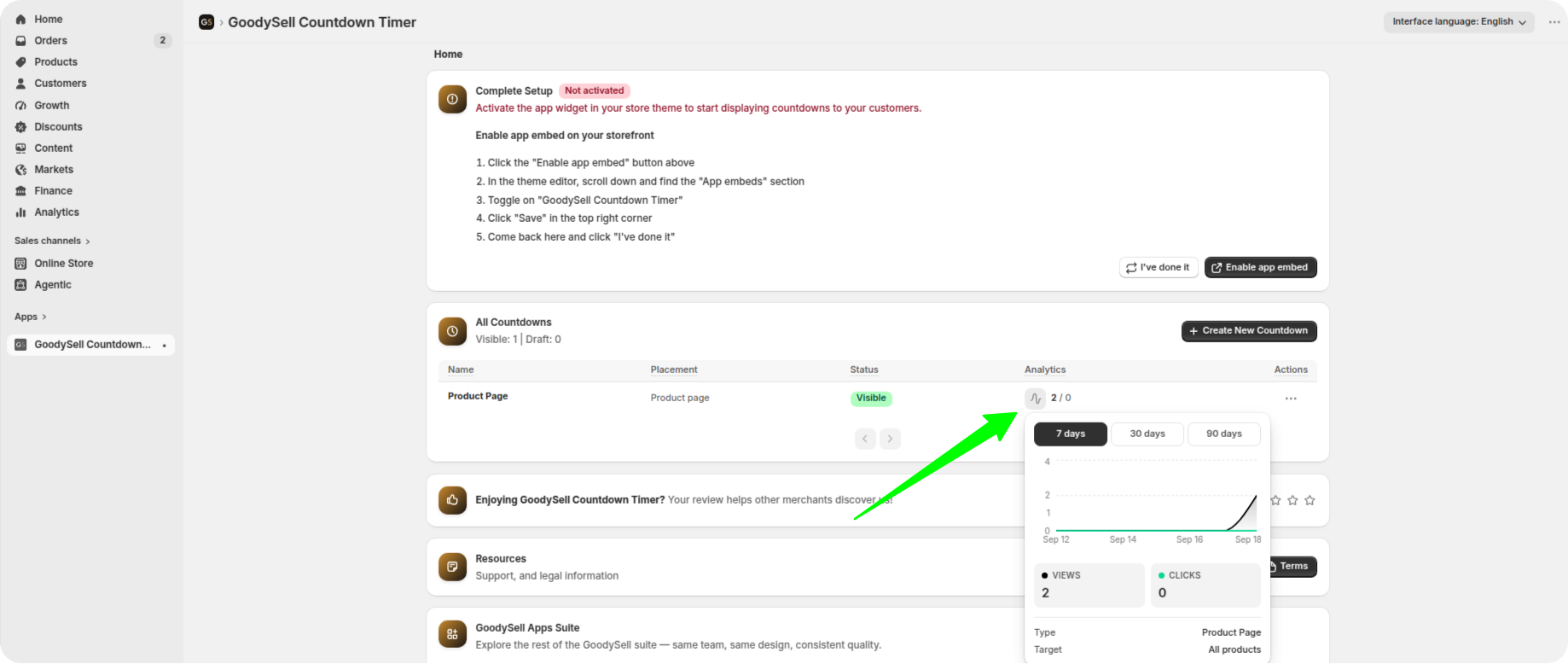 Analytics chart showing countdown timer views and clicks over the last thirty days