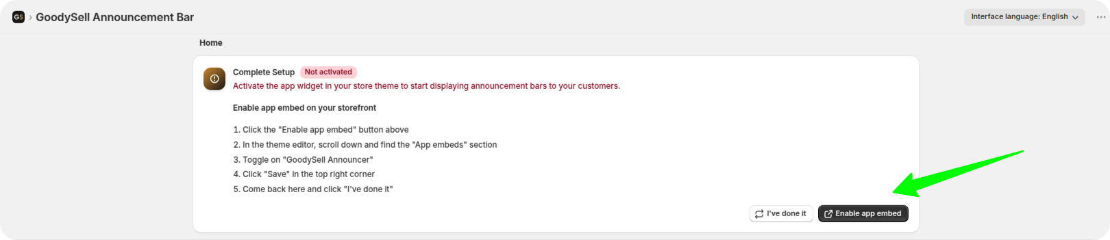 App setup card showing app embed not activated with a button to enable it on the storefront