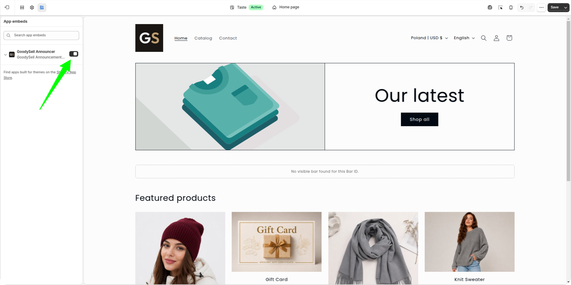 Shopify theme editor App embeds panel with the GoodySell Announcer embed switched on