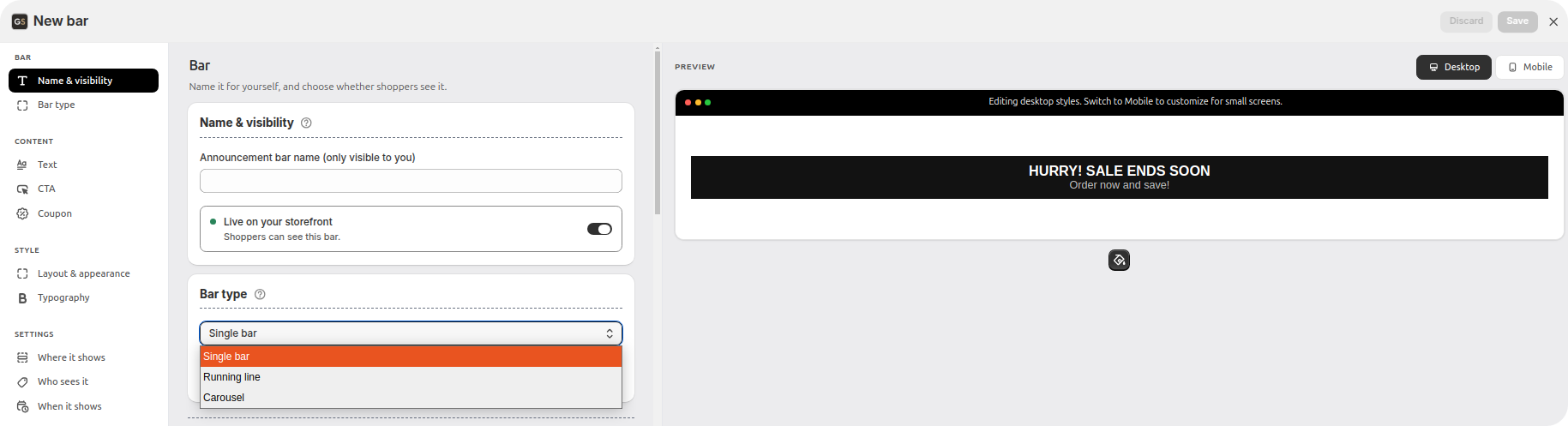 Bar type selector showing single bar, running line and carousel options for a Shopify announcement bar