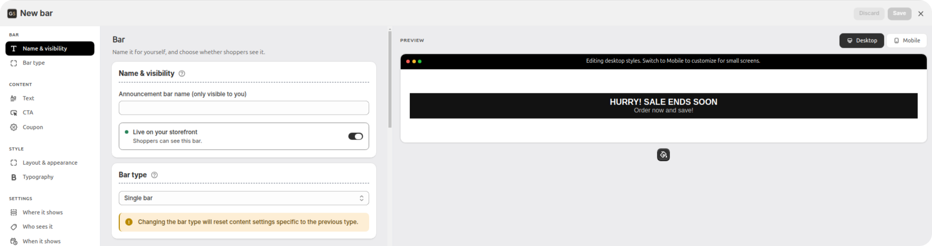 Announcement bar editor with section navigation, a live preview of the bar and the settings form
