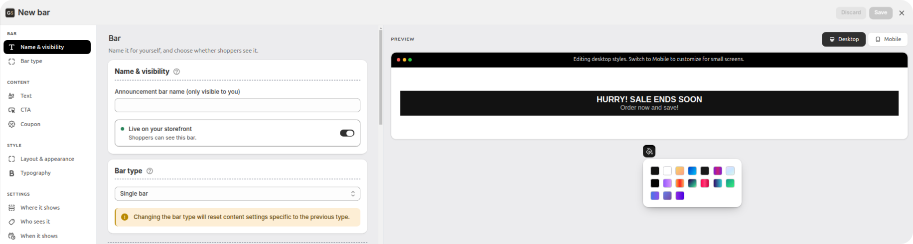 Colour theme picker showing ready-made palettes for the Shopify announcement bar