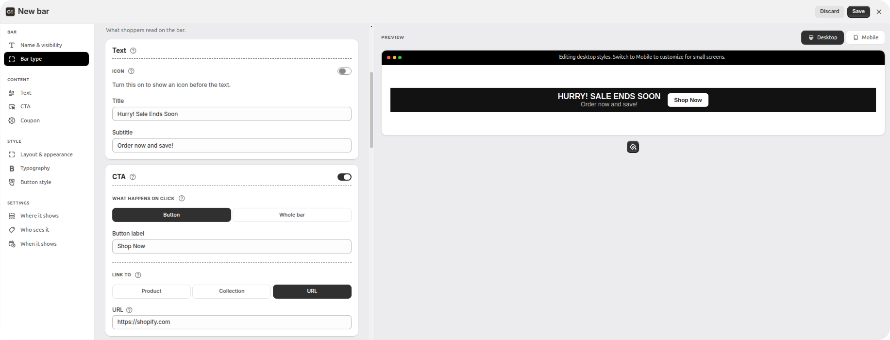 Content settings with a title and subtitle filled in and the CTA switch on showing link options