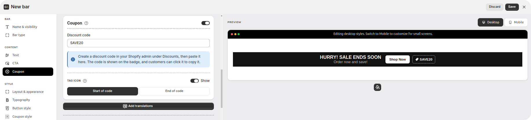 Coupon card with a discount code entered that shoppers can tap to copy, with tag icon settings