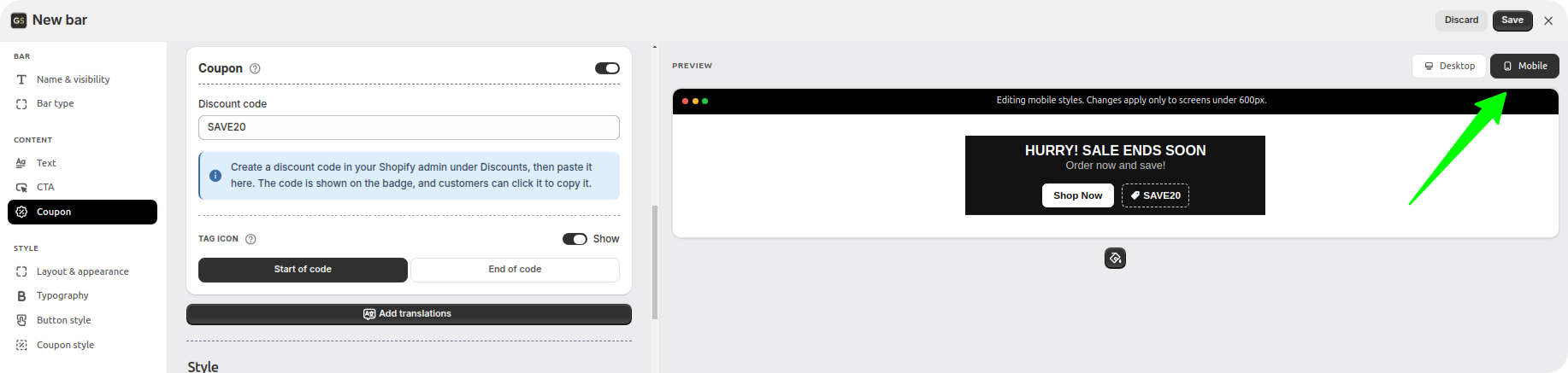 Announcement bar preview in mobile mode at phone width with a note that mobile styles are separate