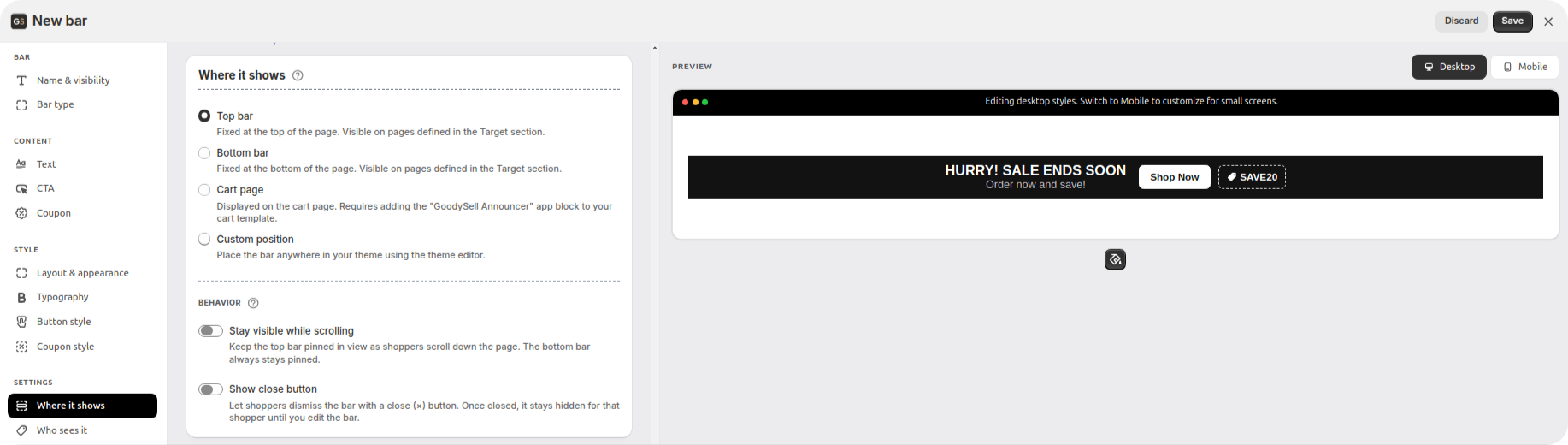 Placement card offering top bar, bottom bar, cart page and custom position with behaviour toggles