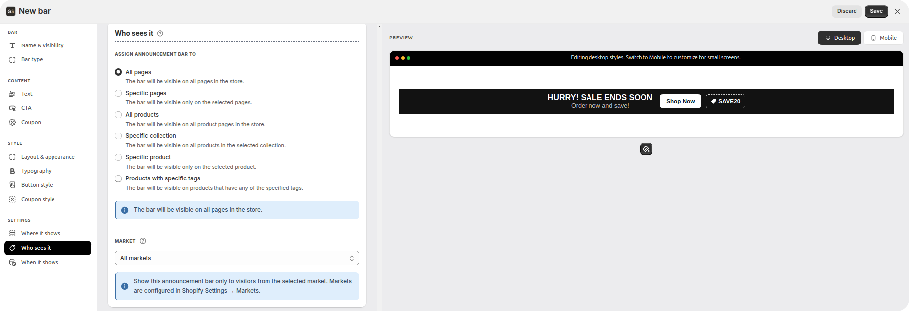 Targeting card with options for all pages, a product, a collection, tags or specific pages