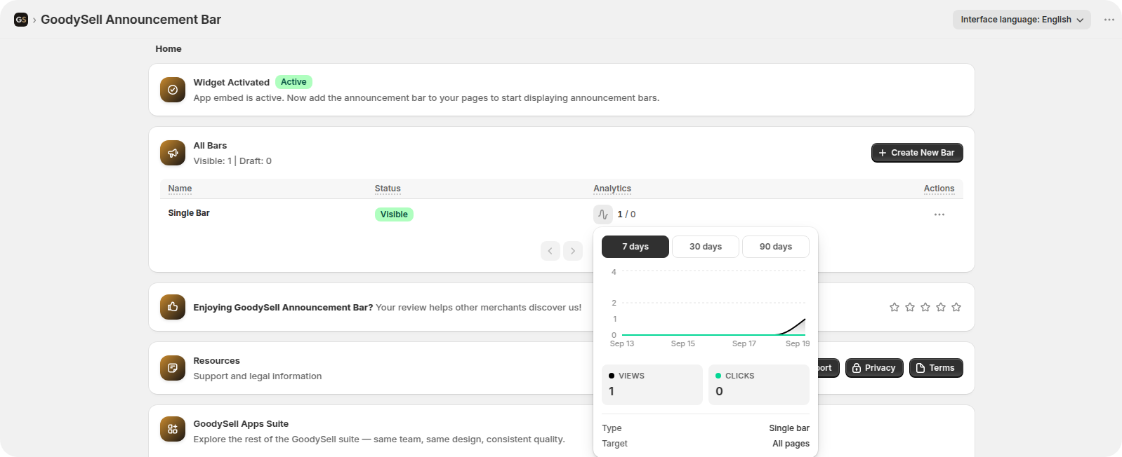 Analytics chart showing announcement bar views and clicks over the last thirty days